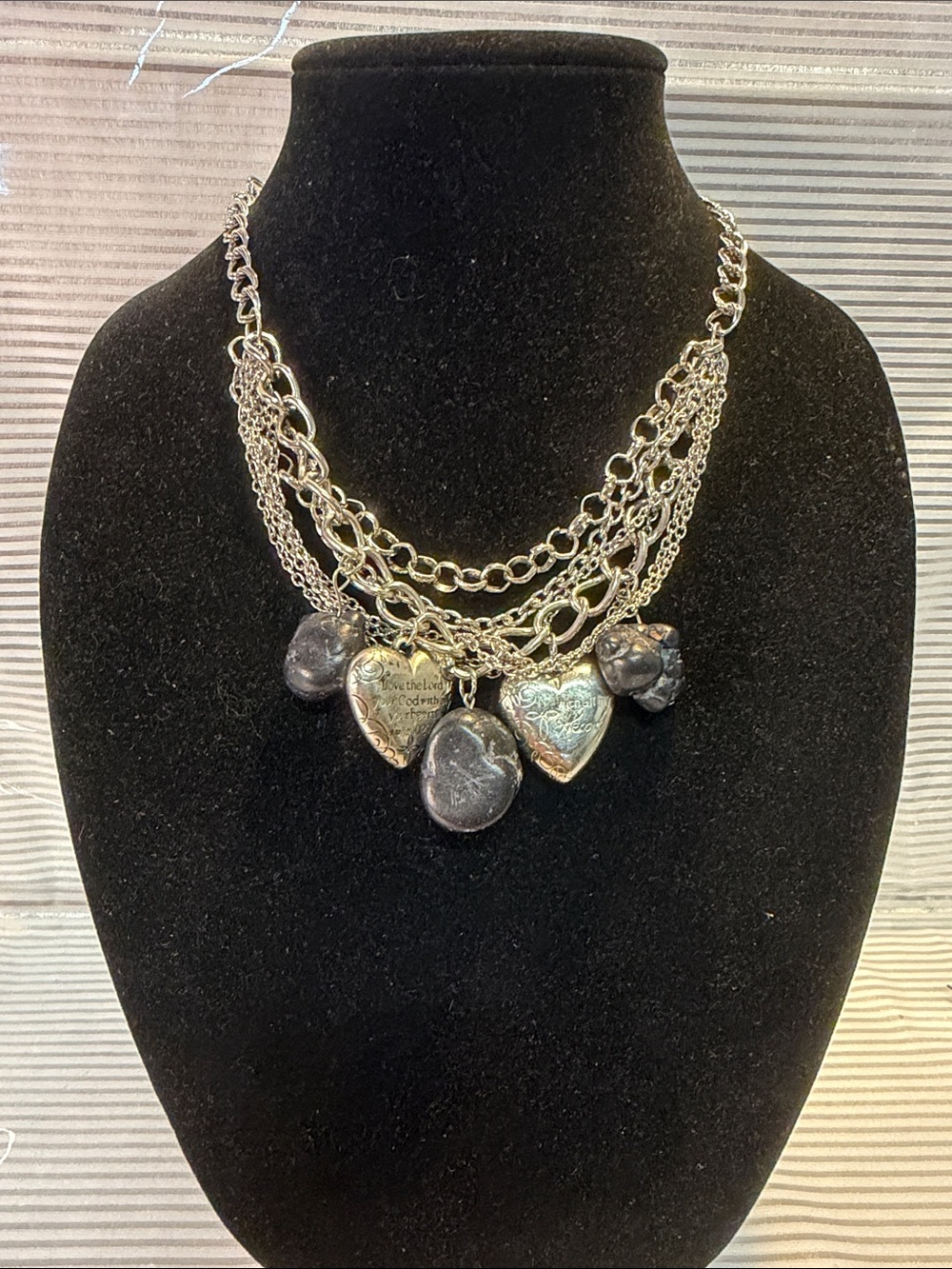 Source Unknown Silver Multi-Chain Heart & Stone Necklace